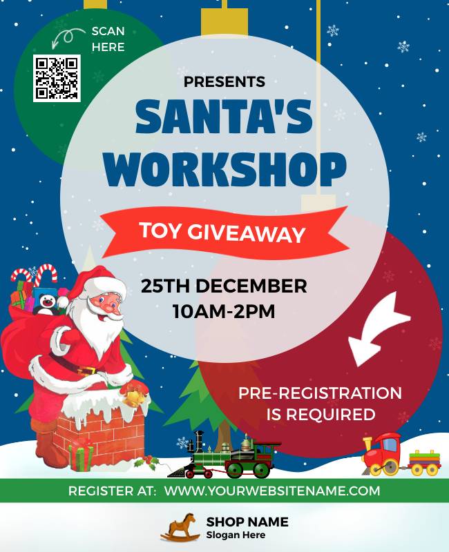 A festive Christmas party flyer with Santa, reindeer, and a workshop theme for a family-friendly event