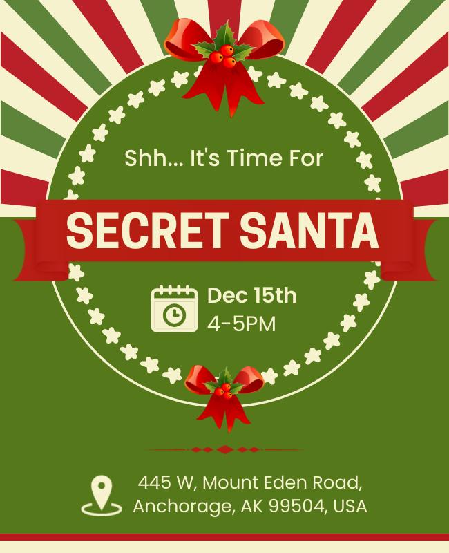 Secret Santa flyer with a vintage theme, featuring classic typography, warm tones, and nostalgic holiday elements