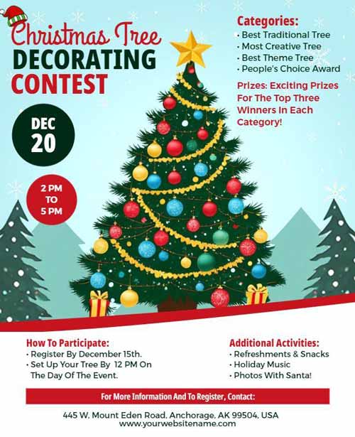 Christmas Tree Decorating Contest Flyer Featuring Festive and Cheerful Design