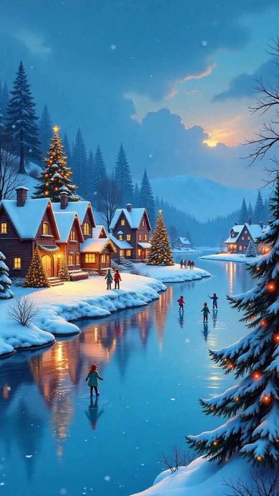 Christmas Village Beside Frozen Lake Wallpaper