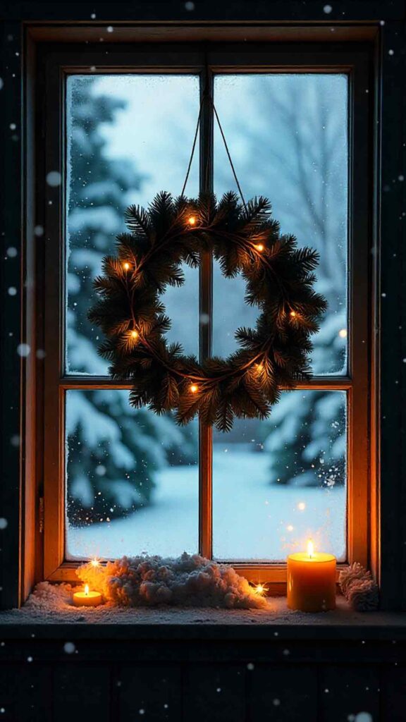 Christmas Wreath On Frosted Window Background
