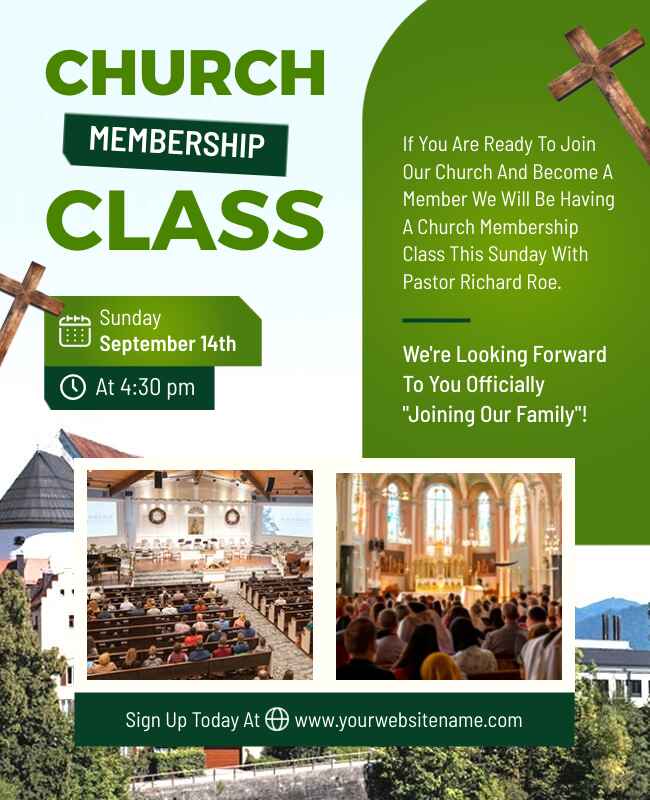 Church membership class event flyer template with community focus.