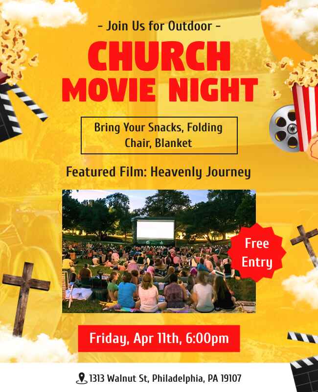 Yellow Church Movie Night Flyer Template