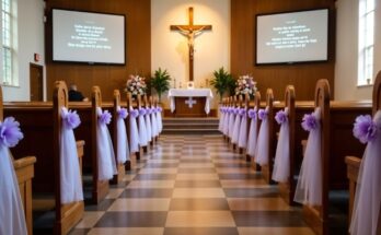 Church interior with decorated pews