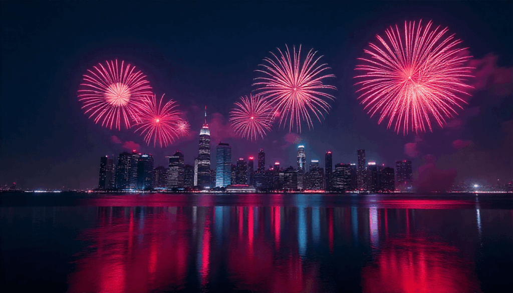 city skyline fireworks night scene