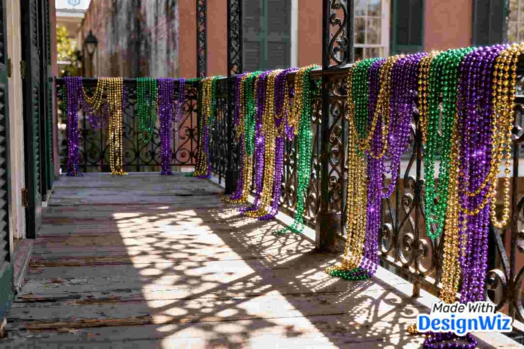 classic mardi gras image French Quarter balcony adorned with beads