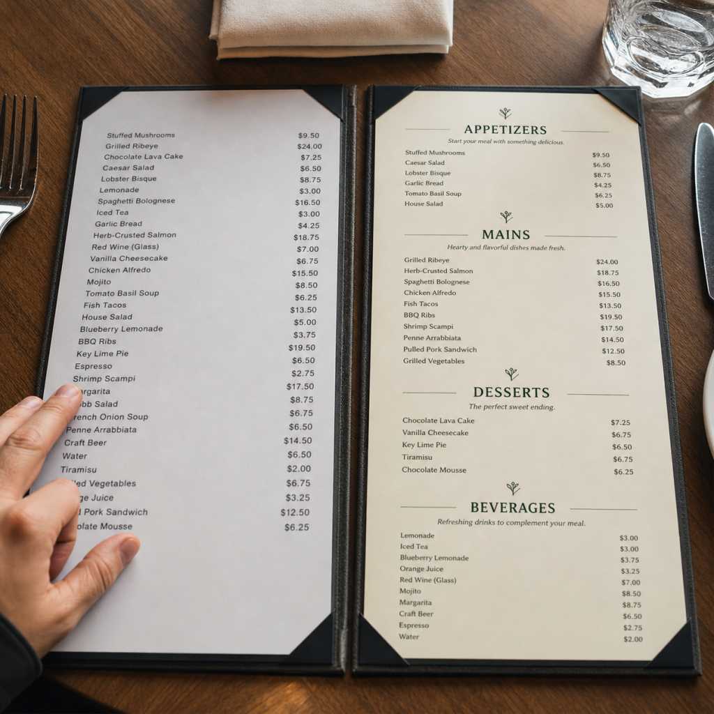 clear pricing structure for menu design