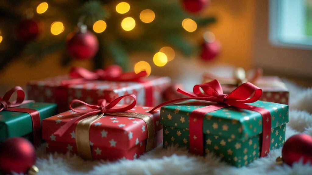 Close-up Of Wrapped Gifts Under Tree Background