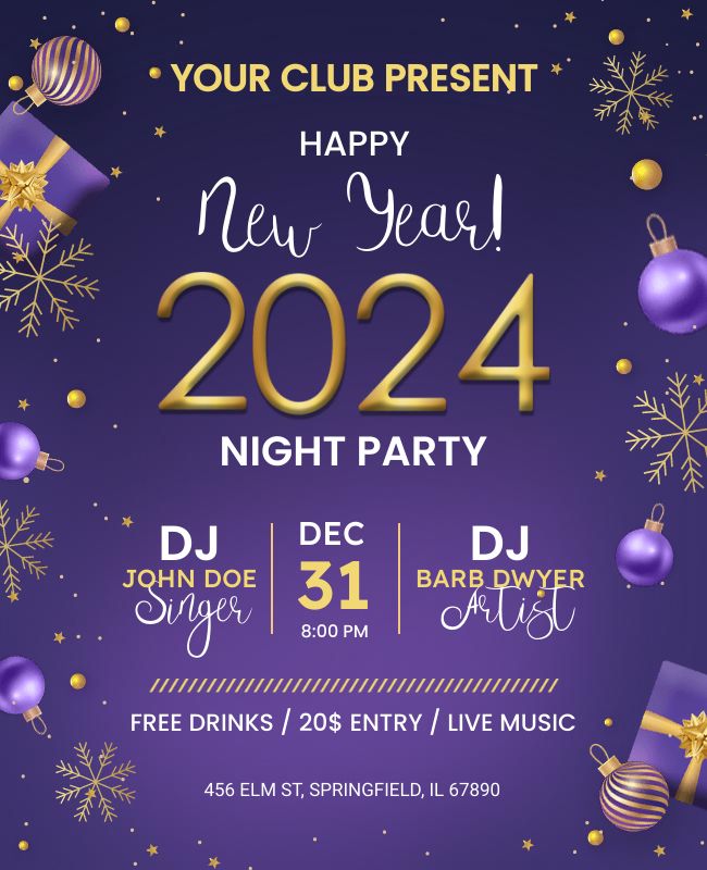 Vibrant club-style flyer with neon elements for a lively New Year’s Eve party featuring DJ and music details