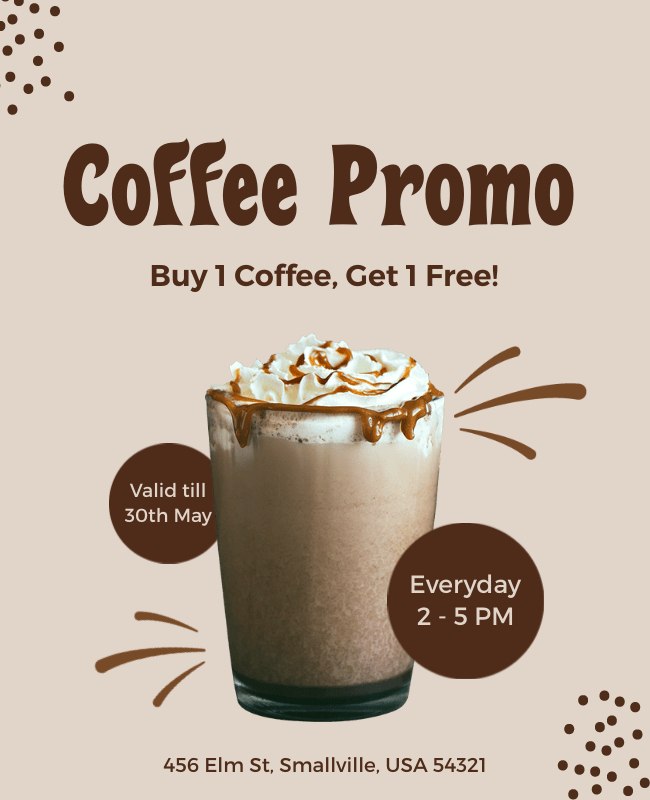 Promotional flyer for a local coffee shop highlighting a 'Buy 1 Get 1 Free' offer to attract customers.