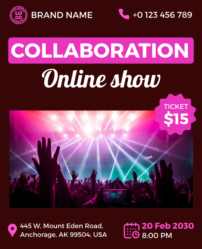 Colorful flyer promoting a live music event with event details and vibrant design.