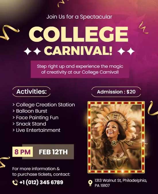 College Carnival Event Flyer Showcasing Activities, Attractions, And Fun Highlights