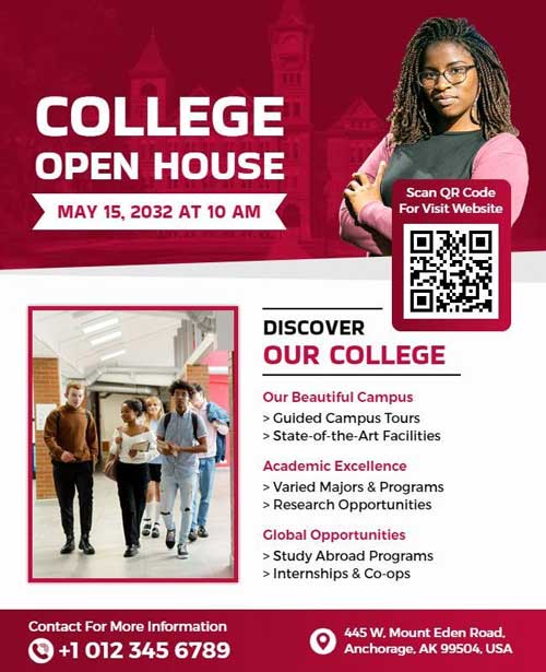 College Open House Event Announcement Flyer Highlighting Date, Time, and Venue Details