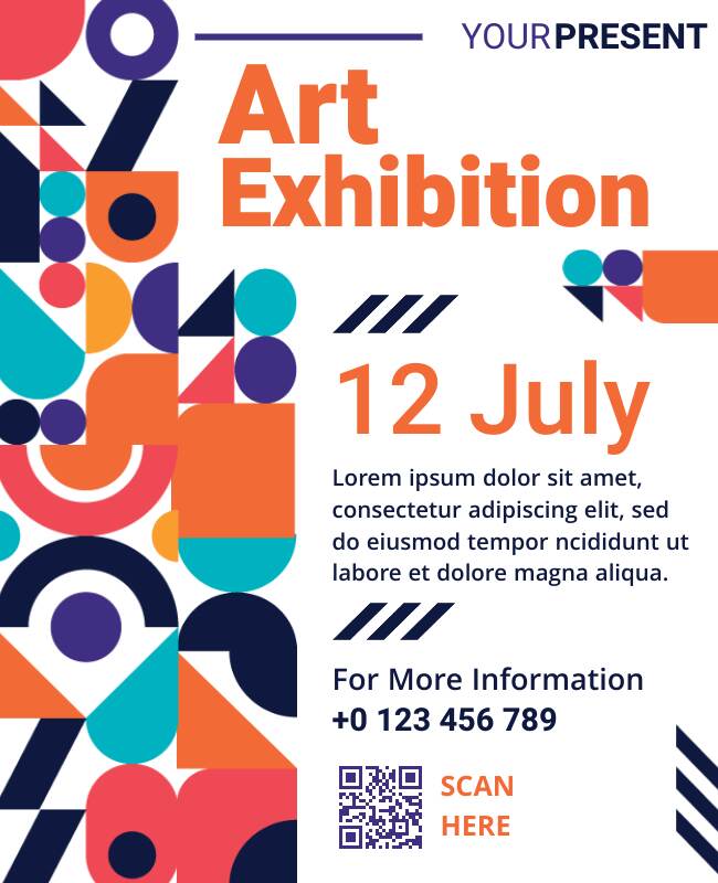 Vibrant art exhibition flyer featuring bold colors and creative design.