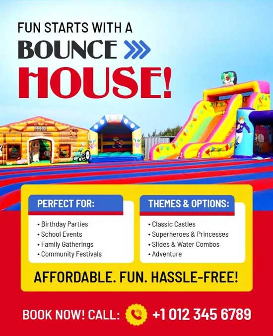 Bold and Vibrant Bounce House Event Flyer With Eye-Catching Design And Fun Elements