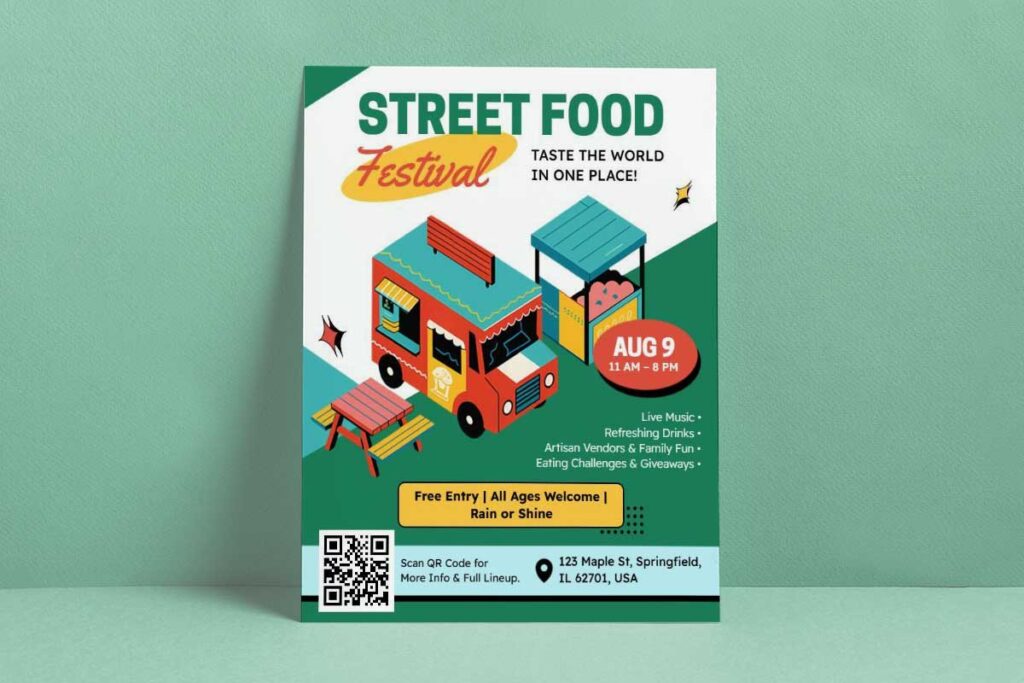 Colorful Cartoon Street Food Festival Celebration Flyer Template