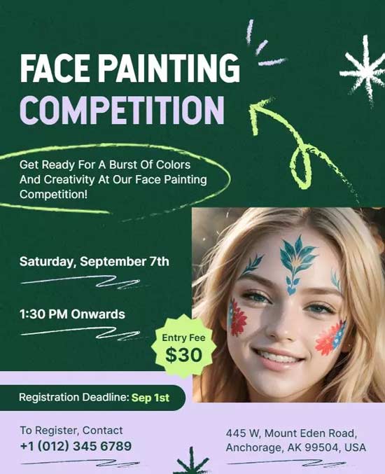 Colorful Face Painting Competition Event Flyer with Vibrant Designs and Exciting Theme