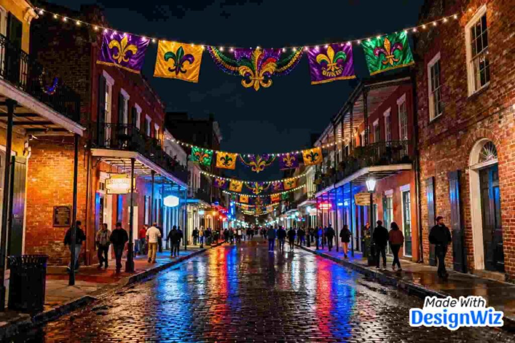 colorful mardi gras image with historic street decorated