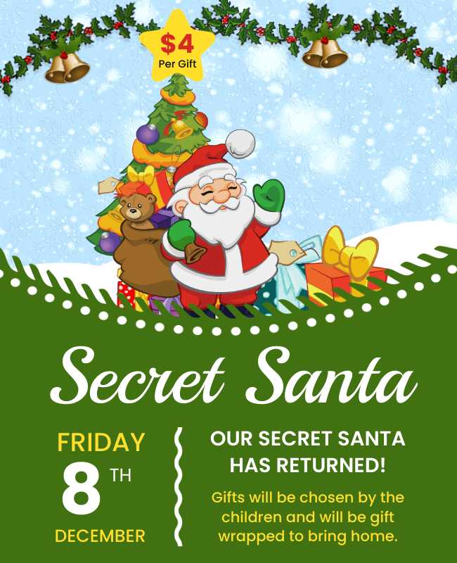 Secret Santa flyer with a fun, cartoonish design featuring festive illustrations and bright colors