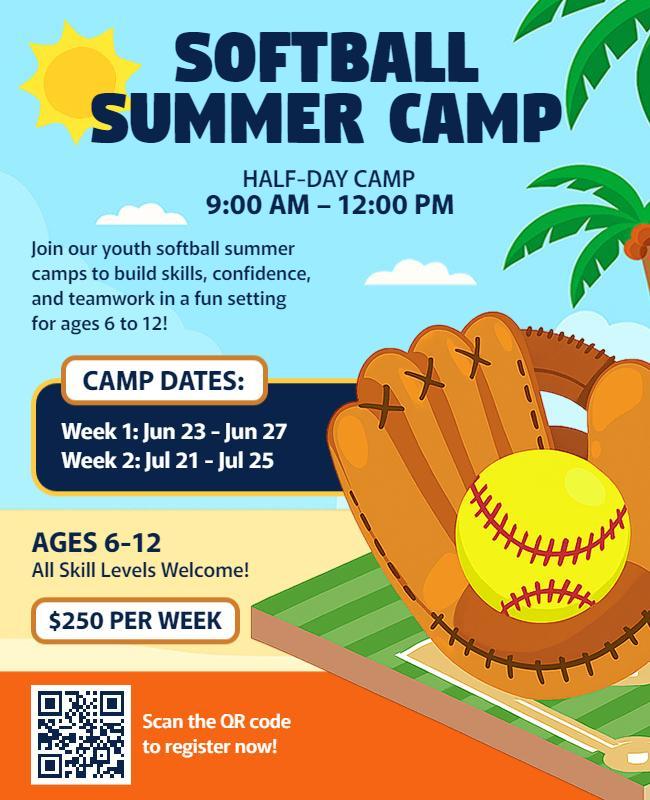 Colorful Softball Summer Camp with Palm Tree Flyer Template