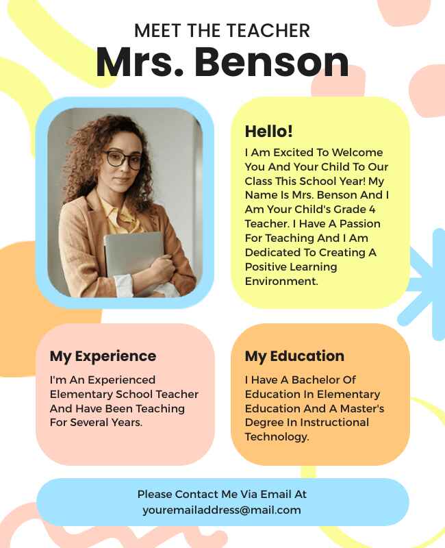 Colorful teacher "about me" flyer with fun visuals and personal introduction.