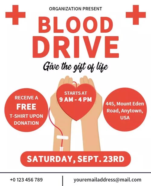 Community Blood Drive Flyer Featuring Event Information and Call-to-Action