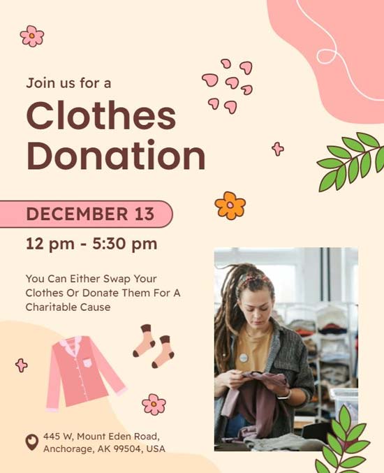 Community Clothes Donation Event Flyer with Clear Event Details and Locations