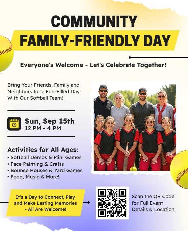 Community Family-Friendly Fun Day Softball Celebration Flyer Template