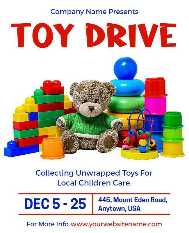 Festive toy drive flyer urging donations of new, unwrapped toys

