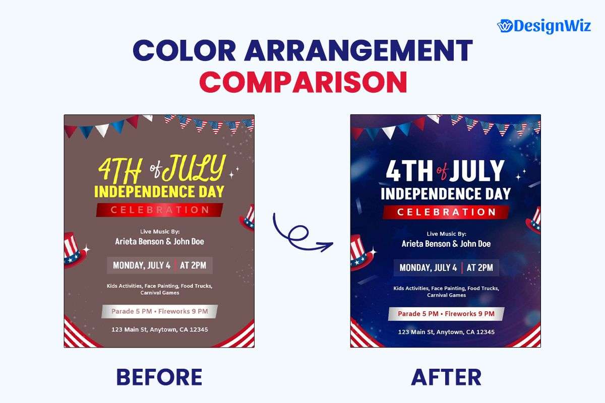 Comparison of Poor Vs. Effective Color Arrangement in 4th of July Flyers