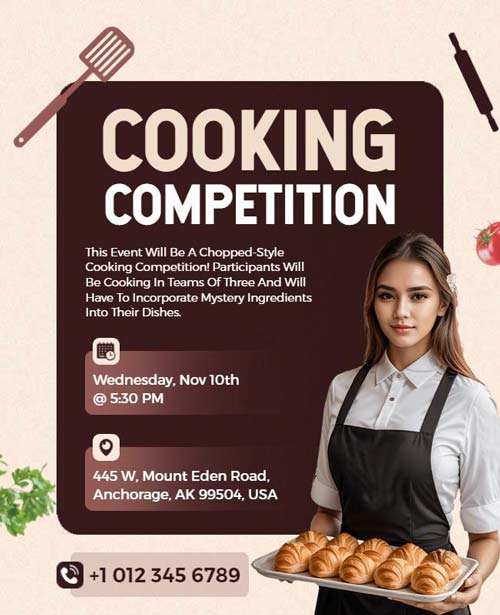 Cooking Competition Flyer Featuring Tasty Visuals and Clear Event Information