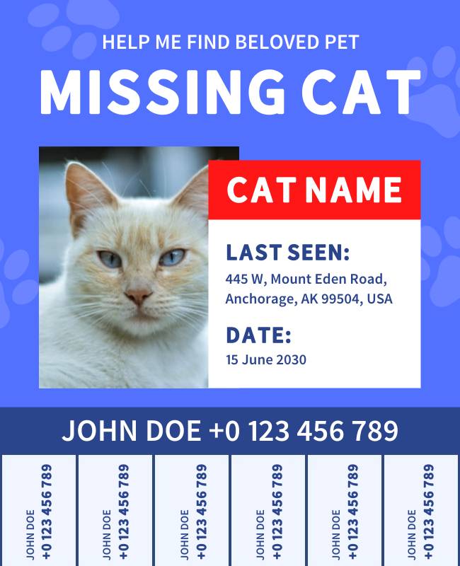 Flyer with essential details, including pet description, last seen location, and contact information