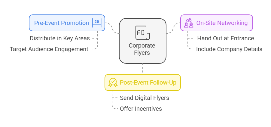 Corporate flyer for event promotion, highlighting pre-event, on-site networking, and post-event follow-up.