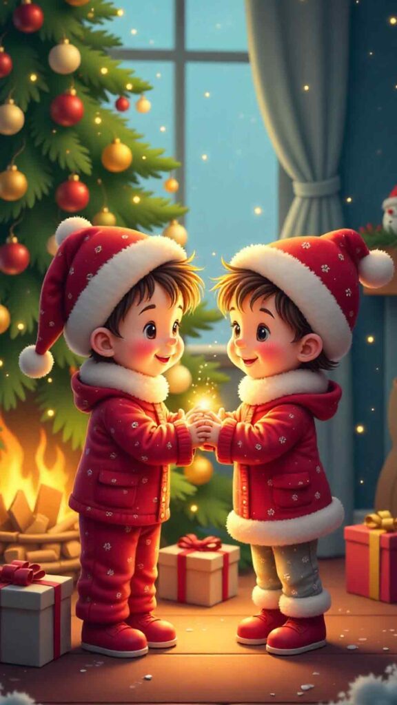 Cozy Children's Christmas Scene Wallpaper