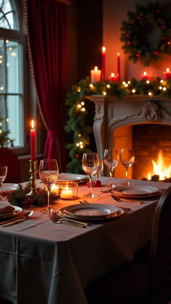 Cozy Evening Table With Fireplace Background
