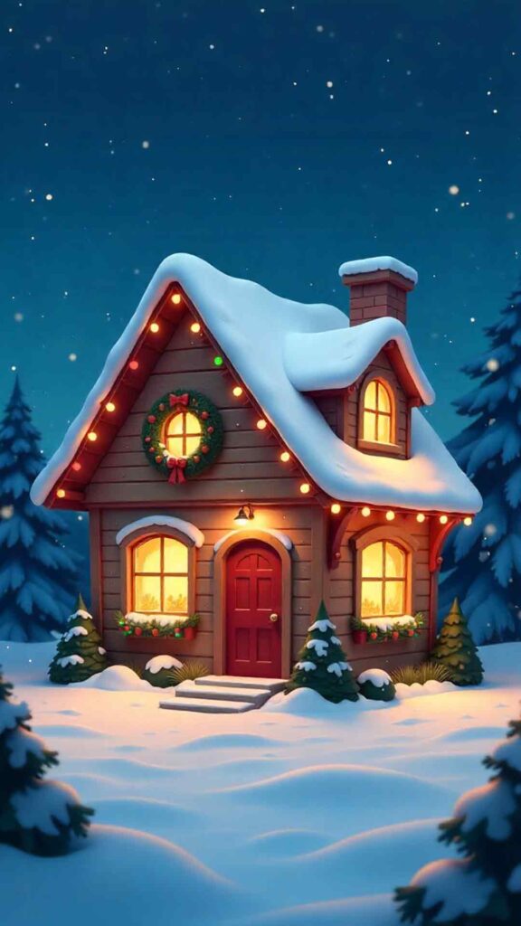 Cozy House Exterior with Snowfall Background