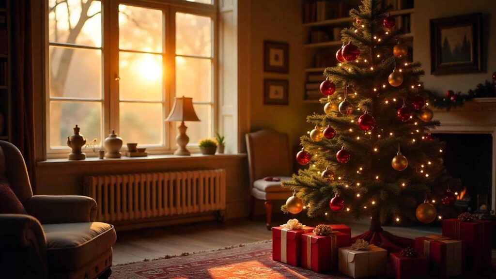 Cozy Living Room Tree with Sunset Light wallpaper