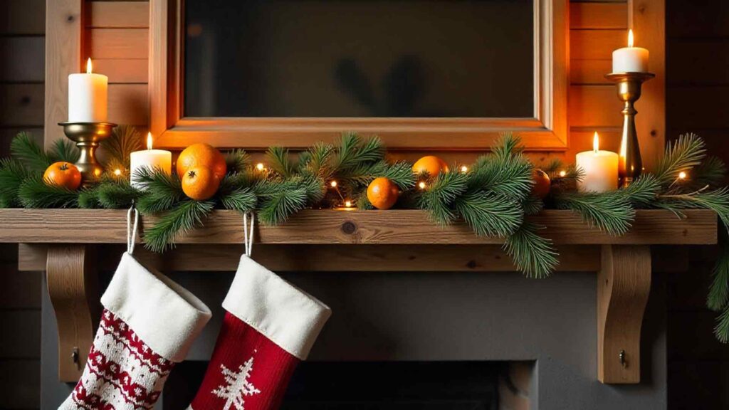 Cozy Rustic Mantel with Natural Greens Background
