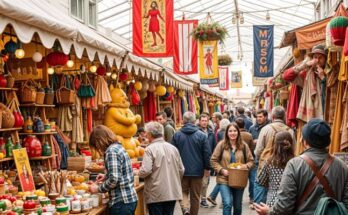 Eye-catching craft fair flyer cover showcasing a vibrant market scene with handmade goods.