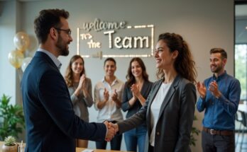 HR manager welcomes new employee with handshake as team cheers in a modern office with 'Welcome to the Team' sign