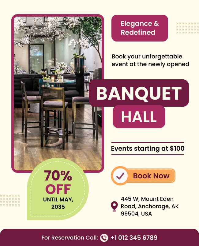 Creative banquet hall flyer with bold design for modern events.