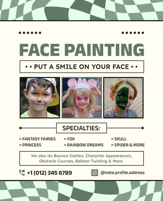 Creative Face Painting Specialties Flyer with Bold Colors and Engaging Visuals