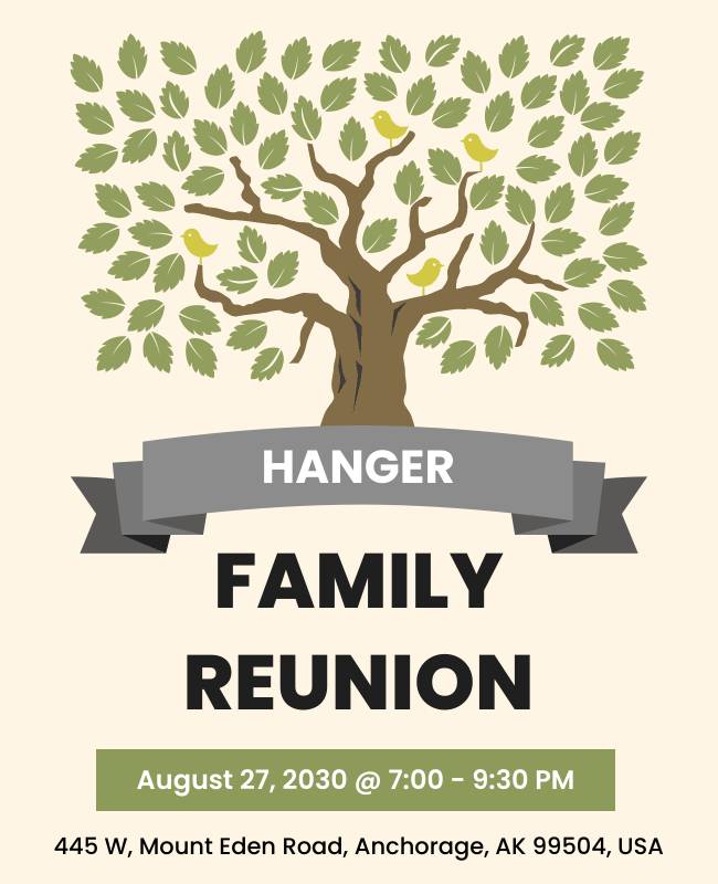 Simple and elegant family reunion flyer with clean design, neutral colors, and clear event details