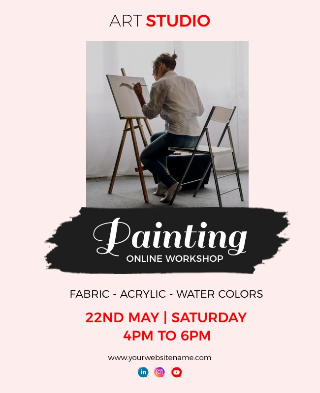 Artistic creative painting workshop flyer with brush strokes and colorful details, highlighting beginner-friendly sessions