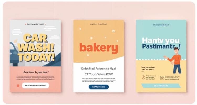 car wash, bakery and handyman service flyer with different call to action messages.