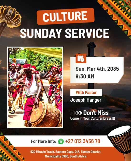 Cultural Sunday Service Event Flyer Highlighting Theme, Venue, and Schedule