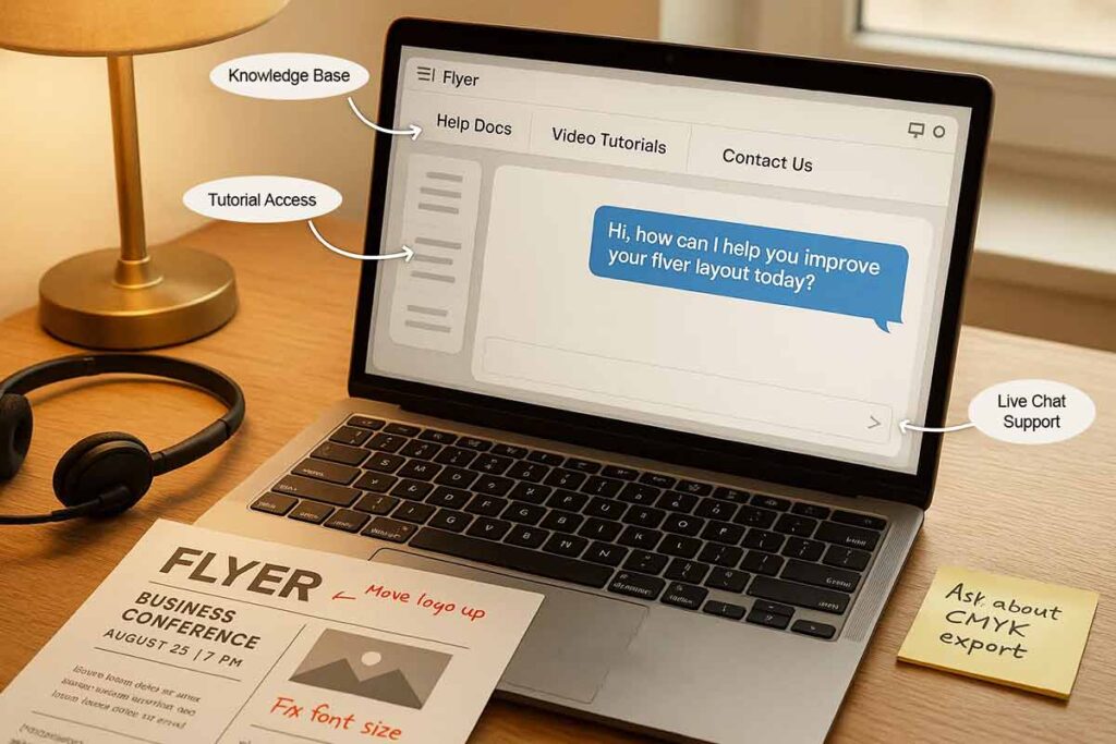 Laptop showing flyer design support chat with help options and flyer notes on desk.