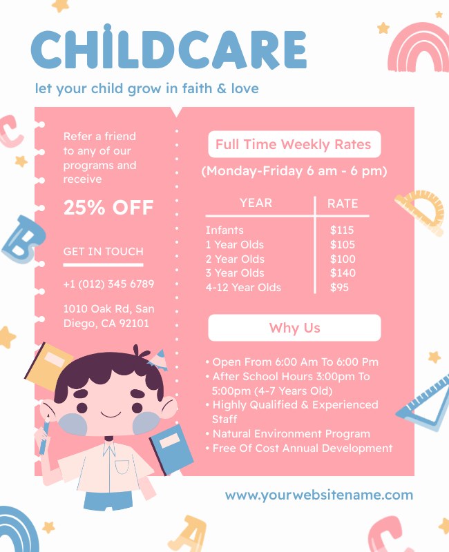 Showcase unique selling points in childcare flyers using icons and lists for easy reading