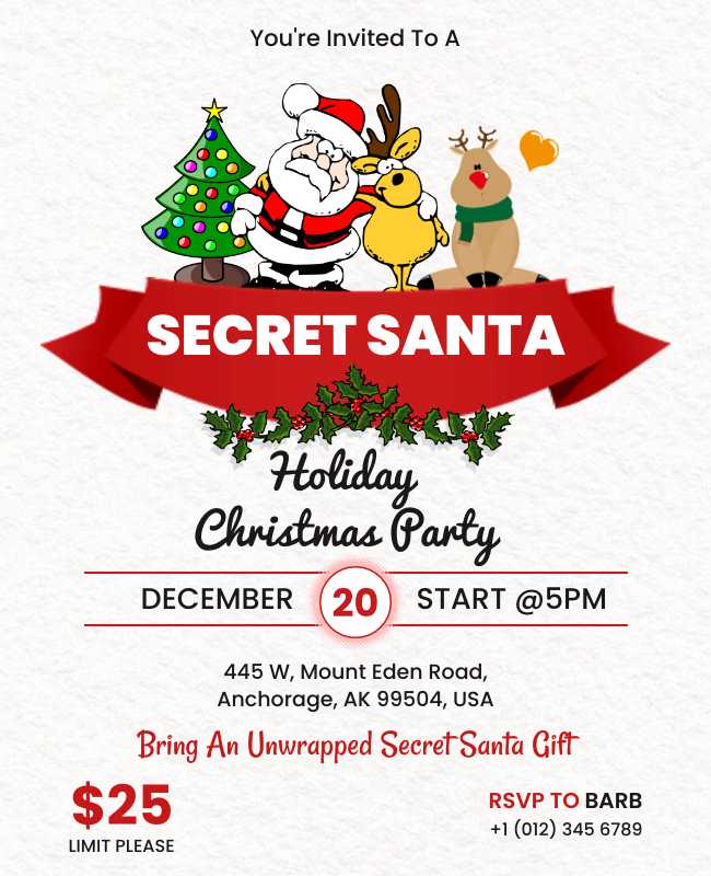 Festive Secret Santa flyer with holiday-themed design, cheerful colors, and event details