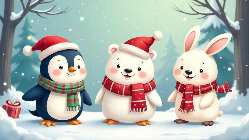 Cute Winter Animals Celebrating Wallpaper
